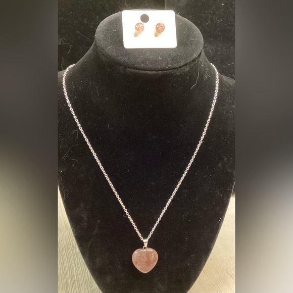 Jewelry - Strawberry Quartz Heart Pendant Necklace and Earring Set